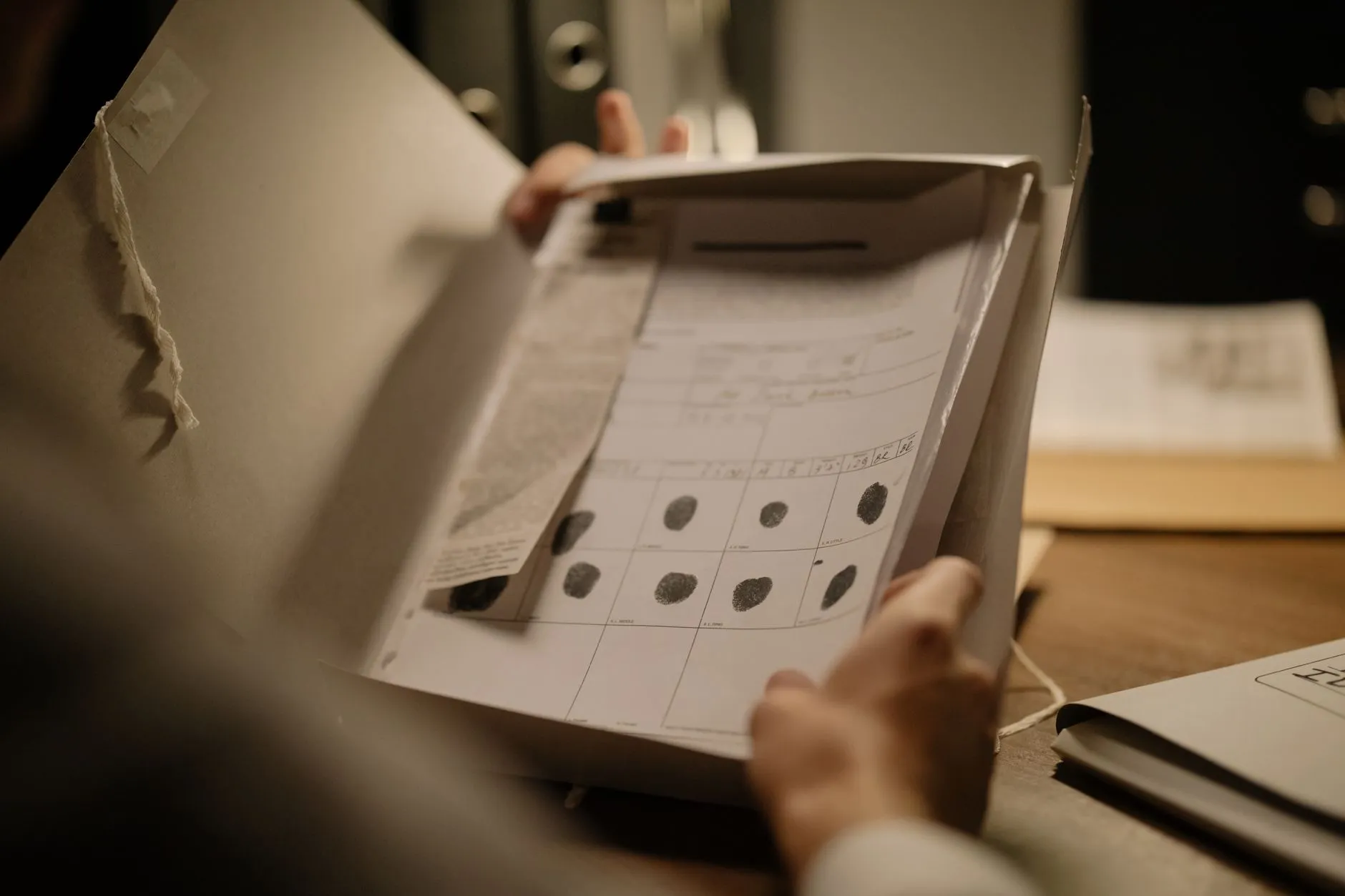 Mãos abrindo uma pasta de documentos com uma ficha de impressões digitais